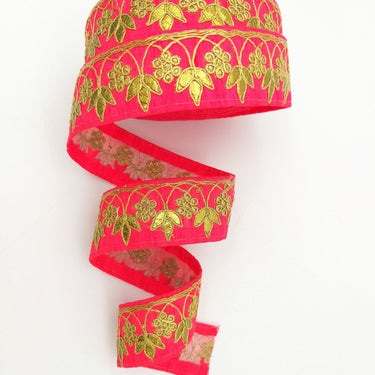 Radical Red Art Silk Fabric Trim, Gold Floral Embroidery Gota Patti Indian Sari Border Trim By Yard Decorative Trim Craft Lace